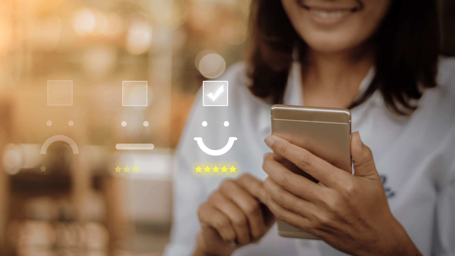 happy customer looking at smart phone